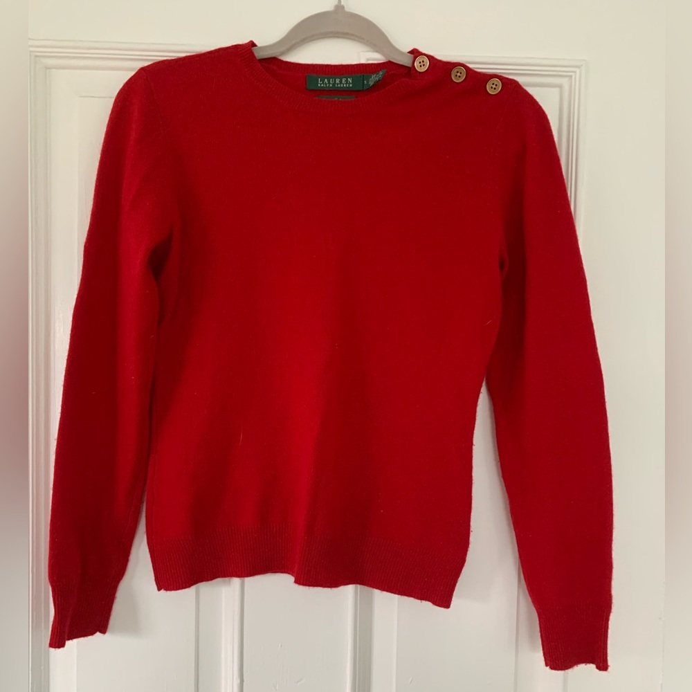 Red Ralph Lauren cashmere sweater with gold buttons